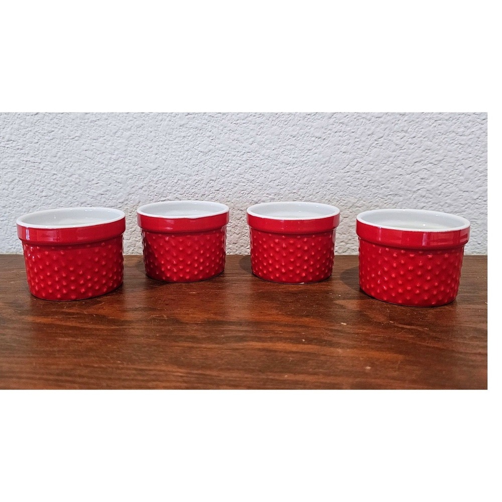 HomeEssentials Minis Set of 4 Red Ramekins Textured Ceramic Mini Baking Molds